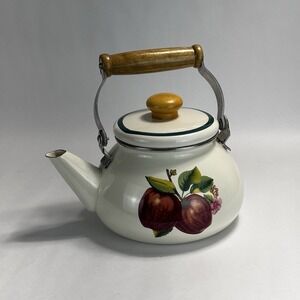 Vintage Metal Tea Kettle Apples Casuals By China Pearl 8 cups, wood handle/knob